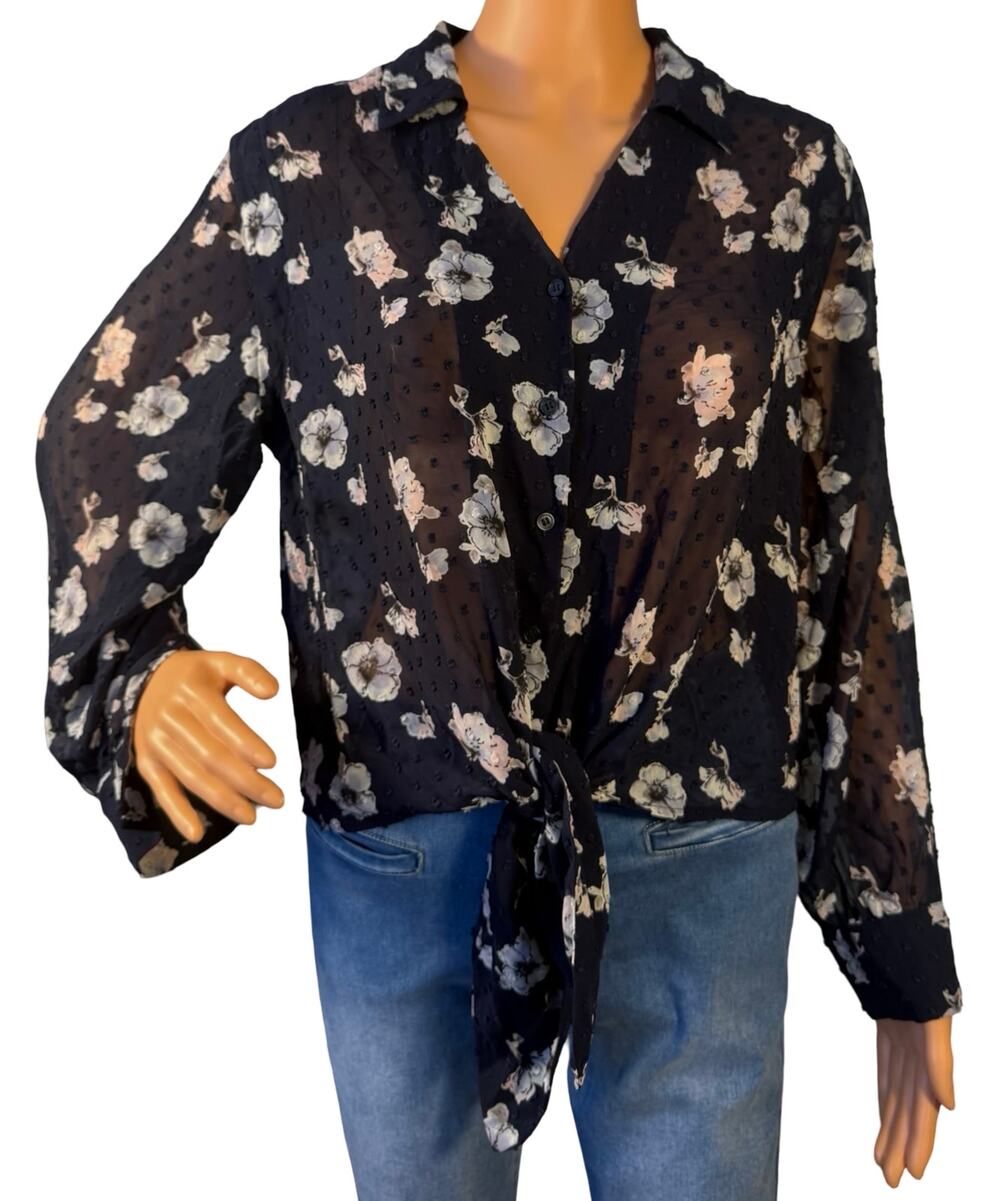Pleione Blouse Womens Navy Floral Swiss Dot Sheer Tie Front Long Sleeve Boho S